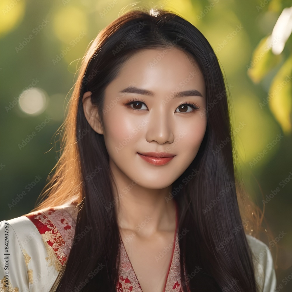Fototapeta premium Pretty Asian beauty woman long hair with japanese makeup glowing face and healthy facial skin portrait smile on isolated nature background