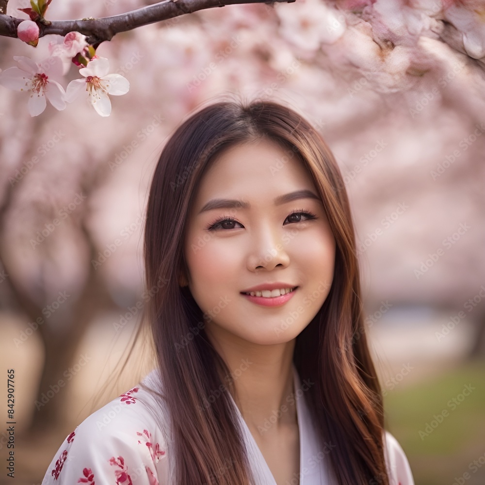 Pretty Asian beauty woman long hair with japanese makeup glowing face and healthy facial skin portrait smile on isolated cherry blossom background Pretty Asian beauty woman long hair with japanese makeup glowing face and healthy facial skin portrait smile on isolated cherry blossom background