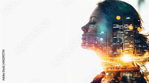 Pensive woman s profile with overlay of a jubilant group  conceptual cityscape  leadership and teamwork  isolated  future vision  copy space