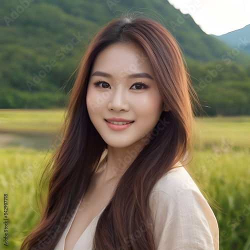 Pretty Asian beauty woman long hair with japanese makeup glowing face and healthy facial skin portrait smile on isolated nature background © Benjamin