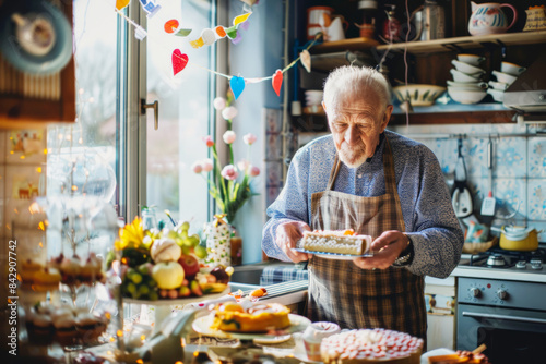 Elderly man preparing a cake in a warm  cozy kitchen.