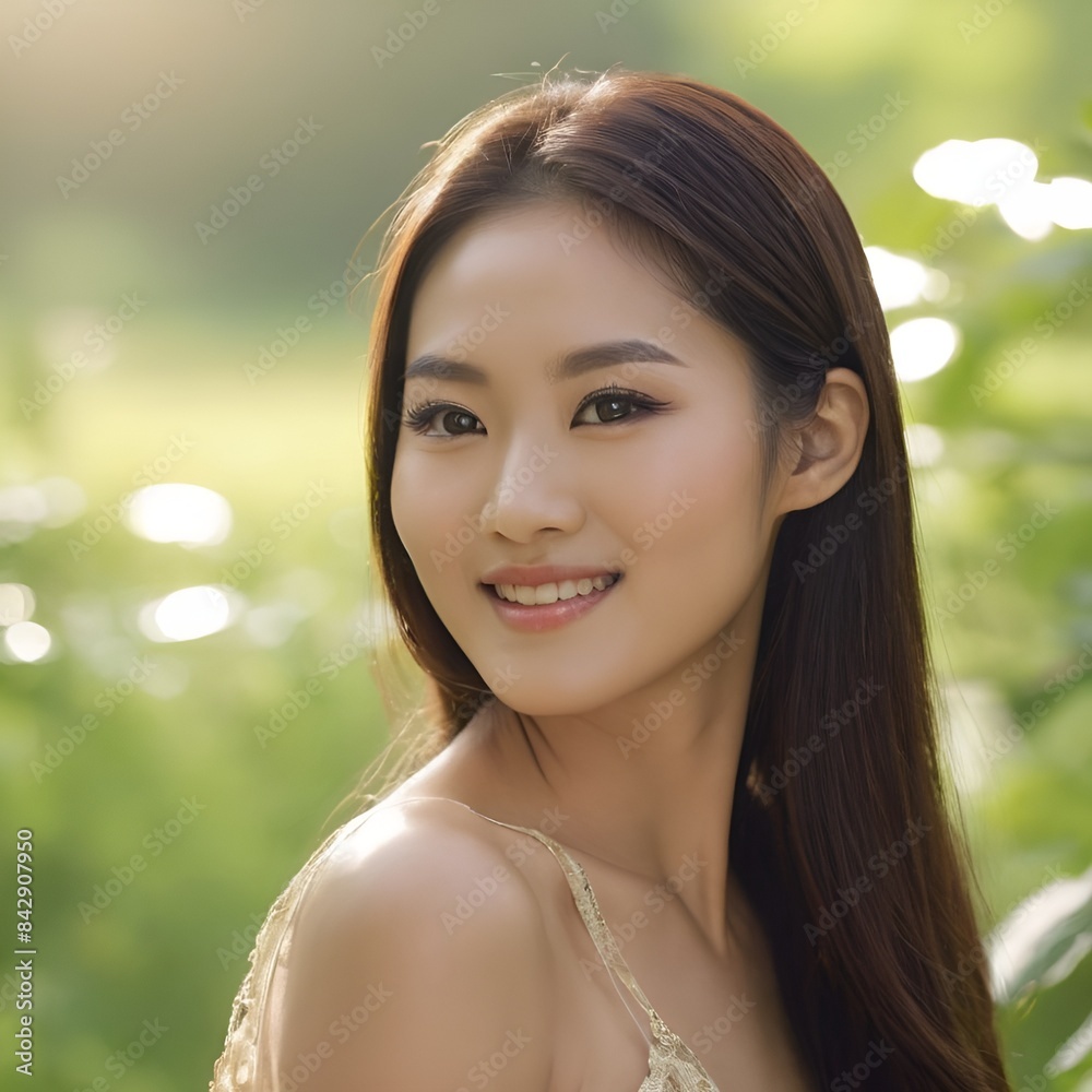 Pretty Asian beauty woman long hair with japanese makeup glowing face and healthy facial skin portrait smile on isolated nature background Pretty Asian beauty woman long hair with japanese makeup glowing face and healthy facial skin portrait smile on isolated nature background