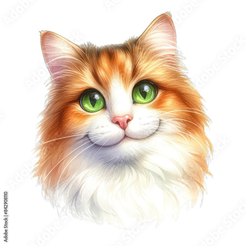 Fluffy orange cat with green eyes.