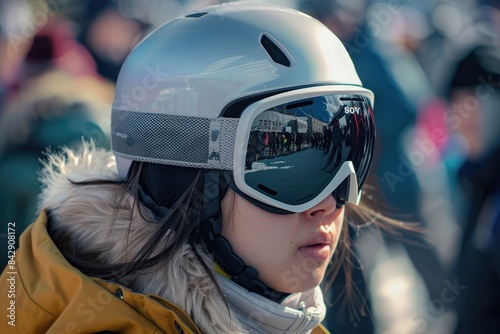A young woman in a ski helmet and goggles is standing in a crowd. AIG51A. © Summit Art Creations