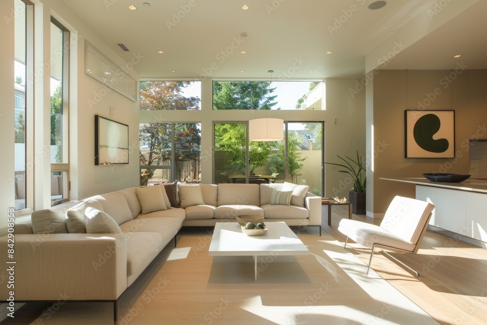 Fototapeta premium Bright and spacious living room with large windows and modern decor.