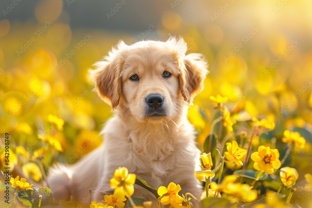 Golden retriever puppy in a field of pink flowers. Golden retriever puppy in a field of pink flowers.