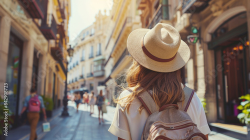 Backview of Tourist in Malaga, Spain - Hat and Backpack on Summer Day