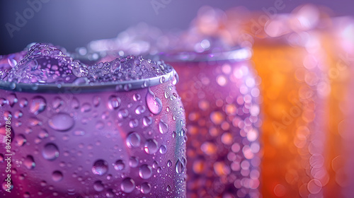 Closeup view of purple colour cans of fresh soda with water drops