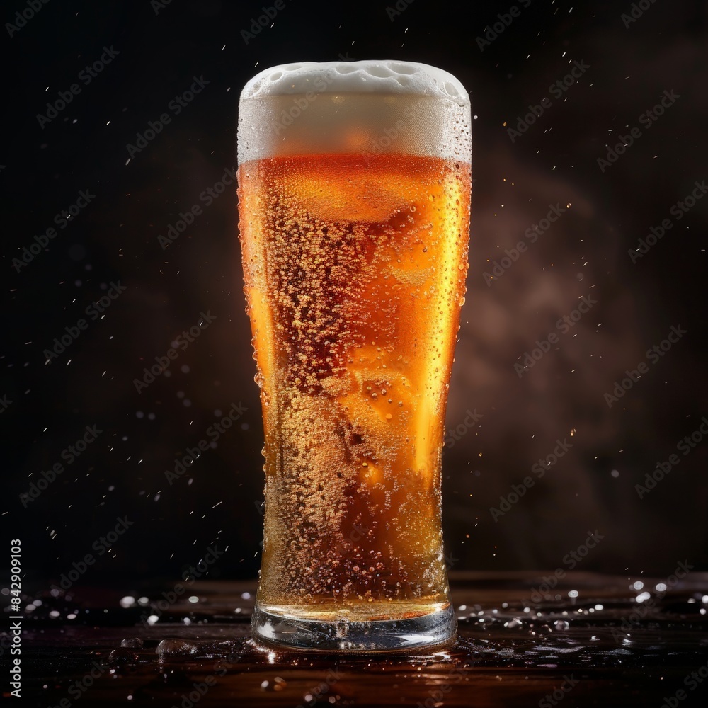 Refreshing Cold Craft Beer in Frosty Glass on Wooden Table with Condensation Drips Refreshing Cold Craft Beer in Frosty Glass on Wooden Table with Condensation Drips