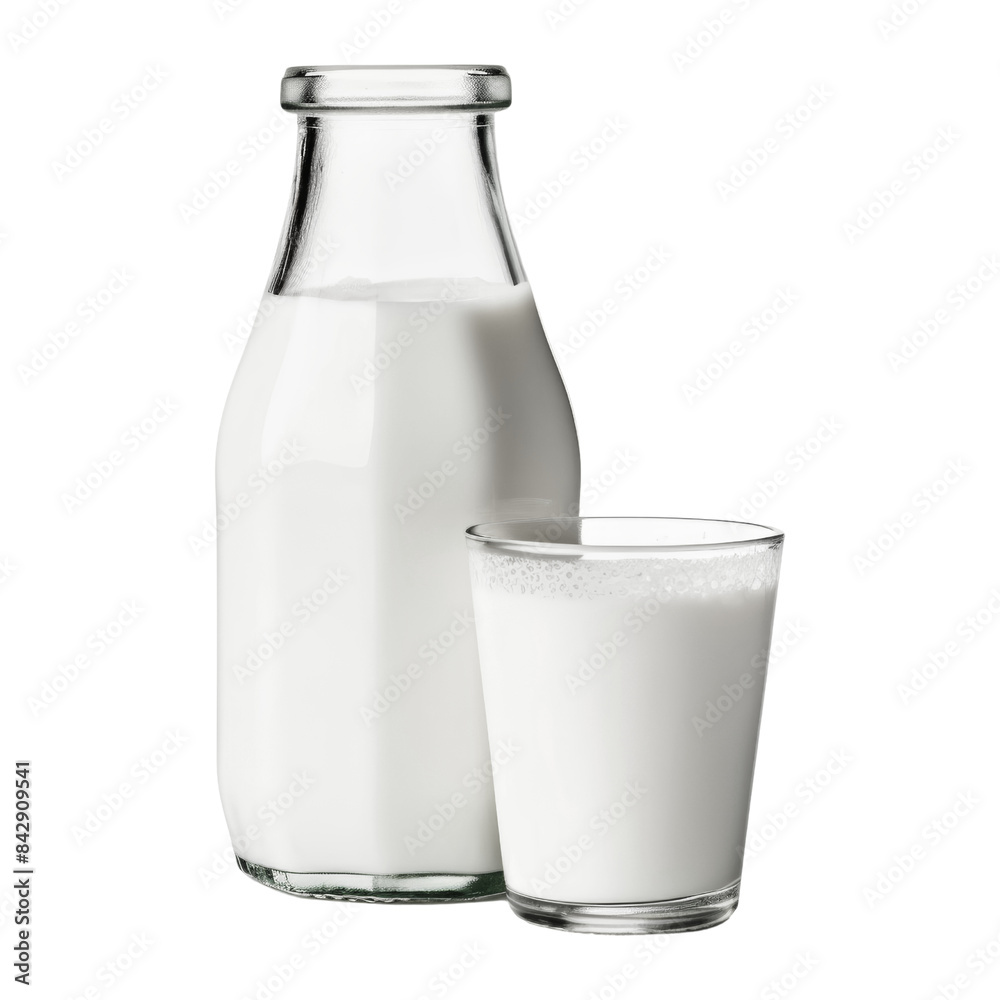 glass of milk and bottle isolated on transparent background cutout glass of milk and bottle isolated on transparent background cutout