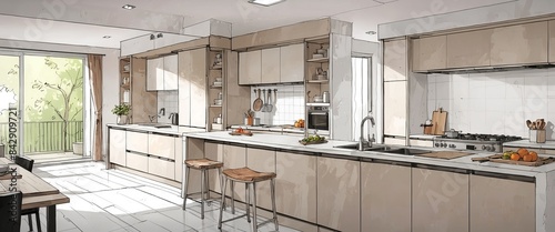 Drawing renovation of a Open modern kitchen. Anime style