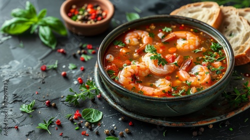 Gourmet shrimp soup adorned with fresh herbs and spices, accompanied by rustic bread in a stylish presentation