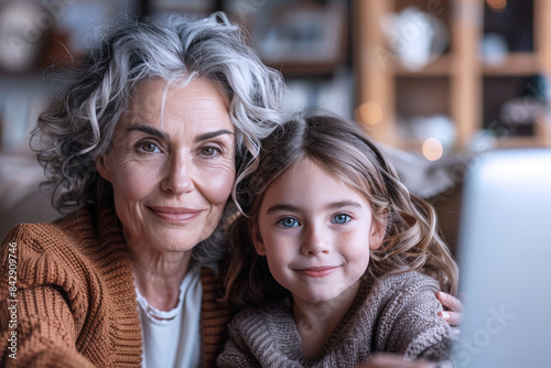 Grandmother and her brunette granddaughter looking at a computer smiling