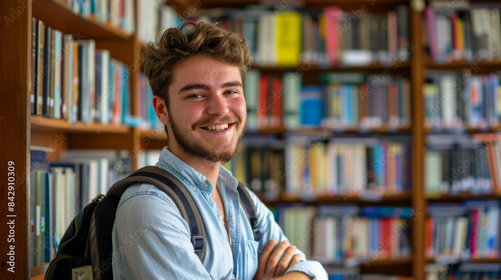Handsome Smile student man with backpack and books in library, education, university, cheerful, college, happy, standing, school, backpack, attractive, enjoyment, confidence