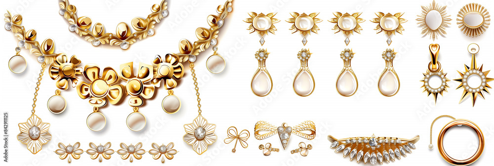 set of golden jewelry isolated on white background set of golden jewelry isolated on white background