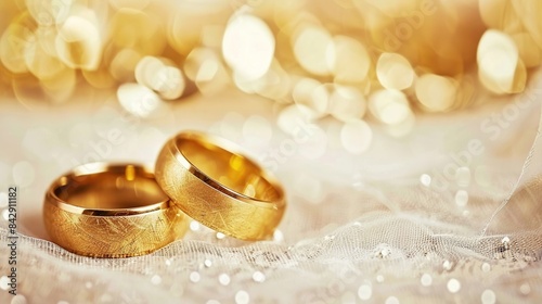 Cherished Moments, Two Gold Rings in a Romantic Wedding Setting . Generative Ai