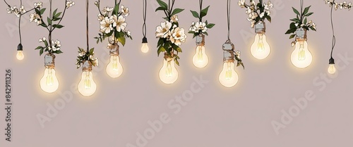 Floral decor in light bulbs hung around for the wedding ceremony. Anime style photo