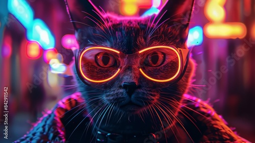 A futuristic cat wearing orange cyber goggles with a glowing interface, set in a high-tech, digital environment. Cat with neon glow cardboard mask, psychedelic, vibrant colors