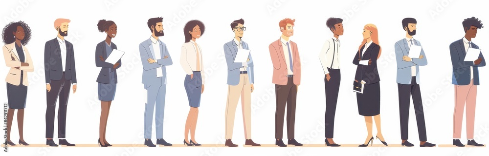 A group of business people standing in line with a white background and pastel colors featuring simple shapes giving it a professional look Generative AI A group of business people standing in line with a white background and pastel colors featuring simple shapes giving it a professional look Generative AI