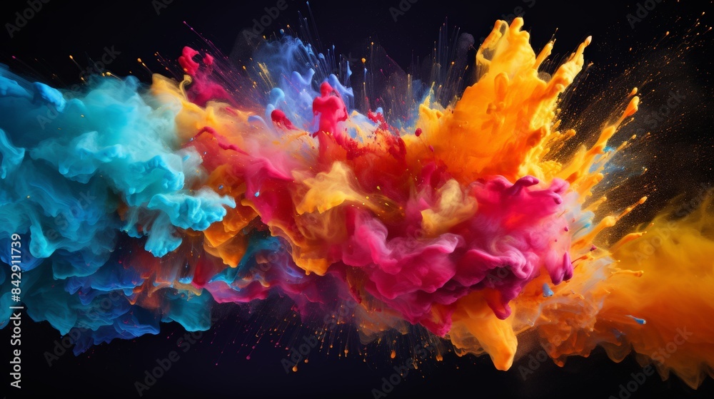 Vivid explosion of colorful powder on a dark background, depicting a burst of creativity, energy, and abstract art. Vivid explosion of colorful powder on a dark background, depicting a burst of creativity, energy, and abstract art.