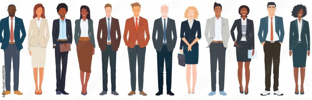 group of business people standing in line with a white background, professional workwear and office attire, diverse male and female characters dressed up for a corporate event or meeting Generative AI group of business people standing in line with a white background, professional workwear and office attire, diverse male and female characters dressed up for a corporate event or meeting Generative AI