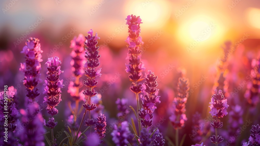 Obraz premium Detailed close-up of vibrant purple lavender flowers with a beautifully blurred sunset in the background