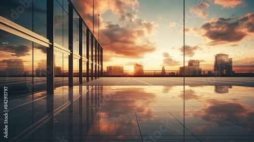 Modern office building or business center. High-rise window buildings made of glass reflect the clouds and the sunlight. empty street outside  wall modernity civilization. growing up business © pinkrabbit