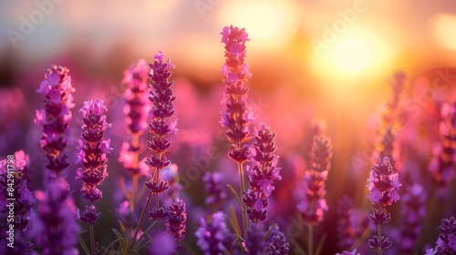 Detailed close-up of vibrant purple lavender flowers with a beautifully blurred sunset in the background