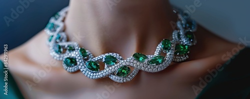Elegant emerald and diamond necklace on woman's neck. Luxurious jewelry showcasing exquisite craftsmanship and sophisticated design.
