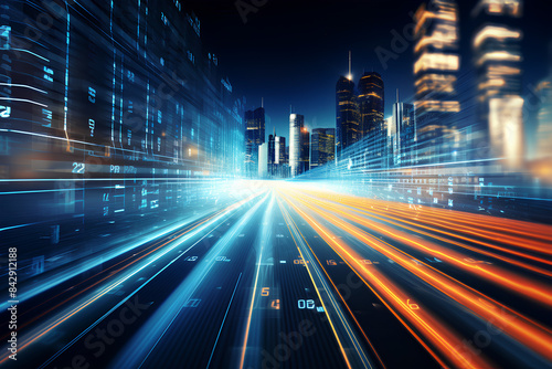 City street with binary code numbers on motion blurred asphalt road speed and faster digital matrix technology information concept
