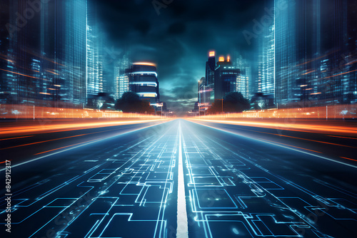 City street with binary code numbers on motion blurred asphalt road speed and faster digital matrix technology information concept