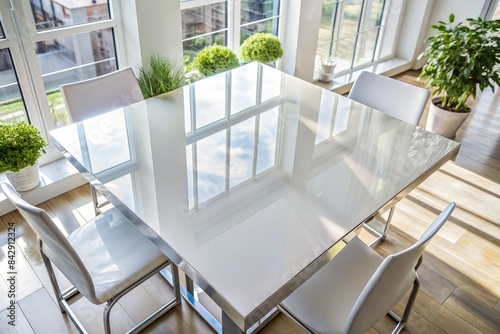 Shiny White Tabletop With Chairs and Windows Reflection. Generative AI