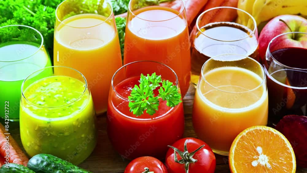 Glasses with fresh organic vegetable and fruit juices. Detox diet