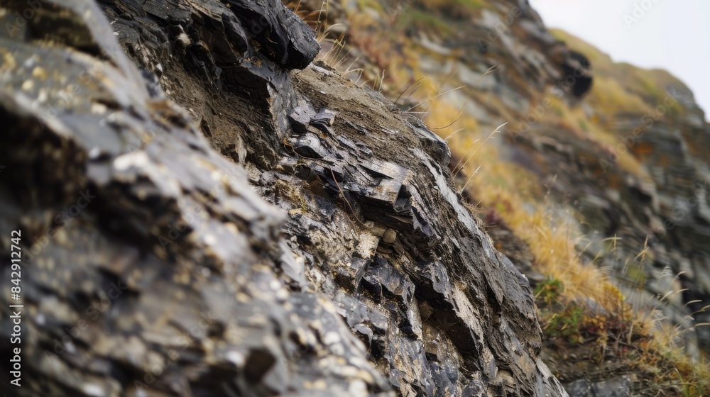 The side of a cliff showing evidence of multiple smaller landslides that have created a rocky and unstable surface. The side of a cliff showing evidence of multiple smaller landslides that have created a rocky and unstable surface.
