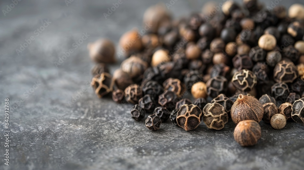 A collection of black peppers and brown cloves positioned close together on a blurred grey backdrop A collection of black peppers and brown cloves positioned close together on a blurred grey backdrop