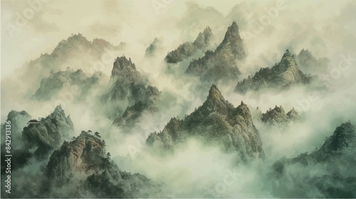 traditional chinese watercolor painting of misty mountain landscape, vector illustration