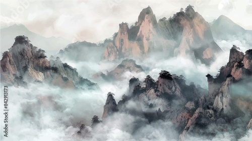 traditional chinese watercolor painting of misty mountain landscape, vector illustration