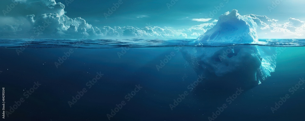 Naklejka premium Panoramic view of an iceberg partly submerged in the deep blue ocean under a sky with clouds, illustrating nature's beauty and mystery.