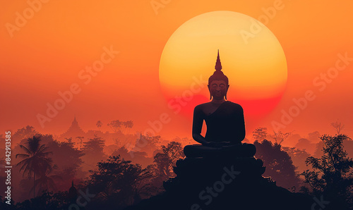 Silhouette of Buddha statue meditating, Tasru, Makha Bucha Day background. Concept of important days in Buddhism
