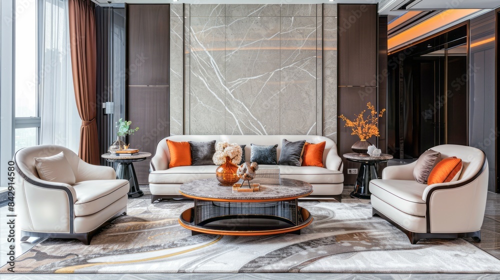 A contemporary living room with a white sofa, orange pillows, and a marble wall A contemporary living room with a white sofa, orange pillows, and a marble wall