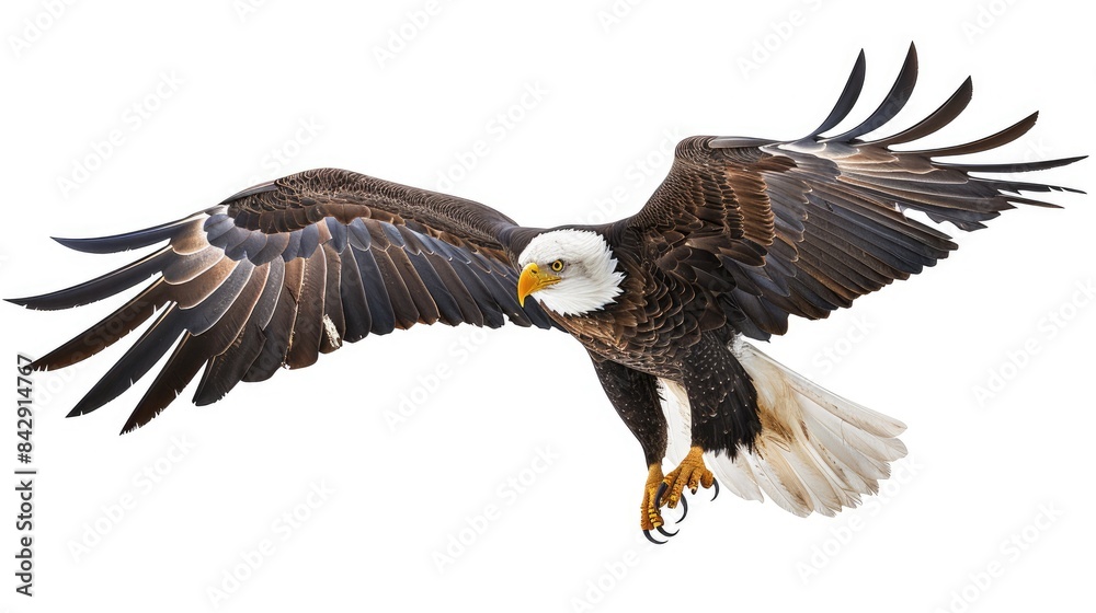 Bald eagle flying with its talons ready to strike, perfectly isolated on a white background Bald eagle flying with its talons ready to strike, perfectly isolated on a white background