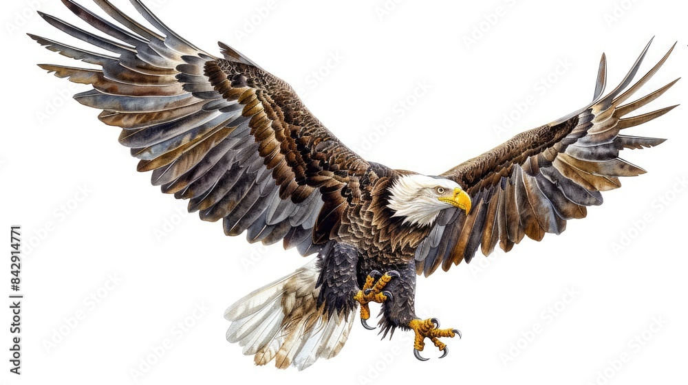 Obraz premium Bald eagle flying with its talons ready to strike, perfectly isolated on a white background
