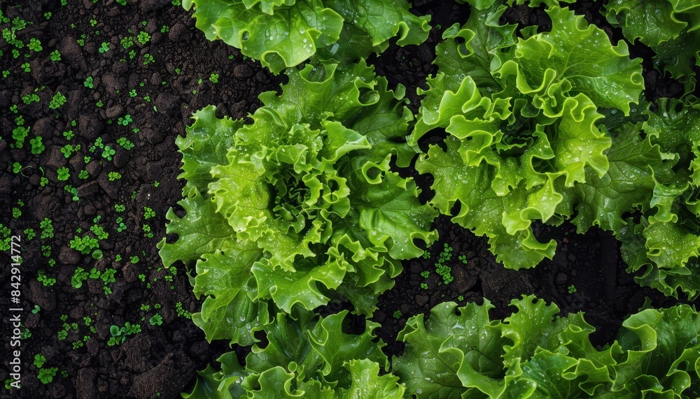 Top view of lush green lettuce growing in rich soil, showcasing freshness and organic gardening for healthy eating and sustainable lifestyle. Top view of lush green lettuce growing in rich soil, showcasing freshness and organic gardening for healthy eating and sustainable lifestyle.