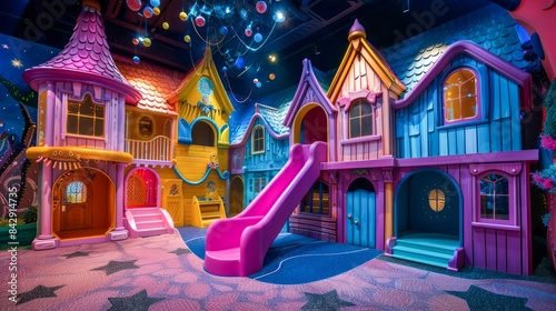 A whimsical indoor play area with colorful playhouses and a pink slide photo
