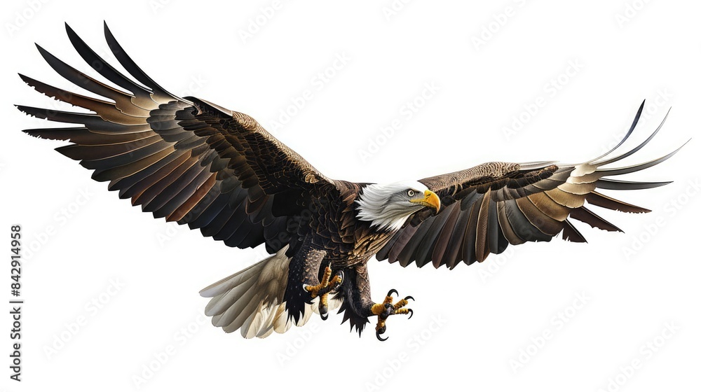 Bald eagle flying with its talons ready to strike, perfectly isolated on a white background Bald eagle flying with its talons ready to strike, perfectly isolated on a white background