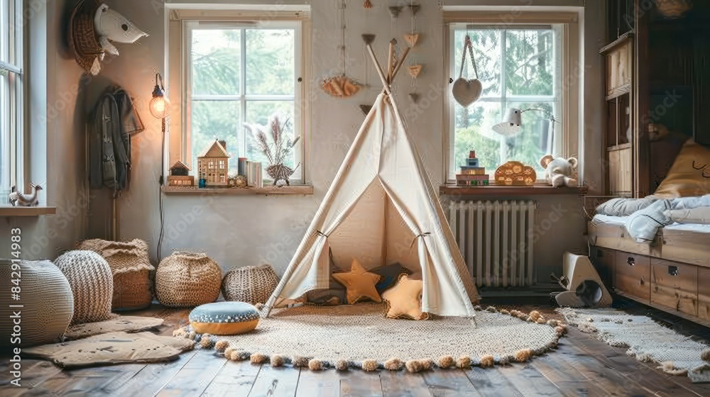 A cozy and playful childrens bedroom featuring a teepee, woven baskets, and a plush rug A cozy and playful childrens bedroom featuring a teepee, woven baskets, and a plush rug