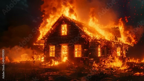 A wooden house in the village is on fire. The whole building burning. A terrible incident. Fire in the premises. A horrible event. The cottage burned down. Night time. Big loss.