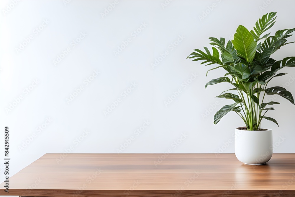 Plant on wooden table against white empty wall with copy space in living room interior Plant on wooden table against white empty wall with copy space in living room interior