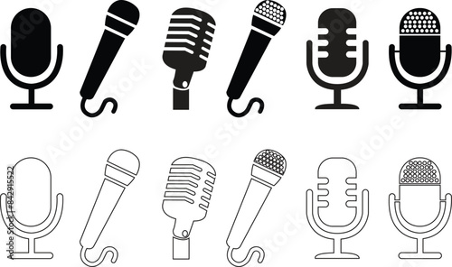 Set of flat Voice icons recording Studio symbols with editable stock. Microphone icons logos template for many purposes. Retro microphone vectors illustration signs isolated on transparent background.