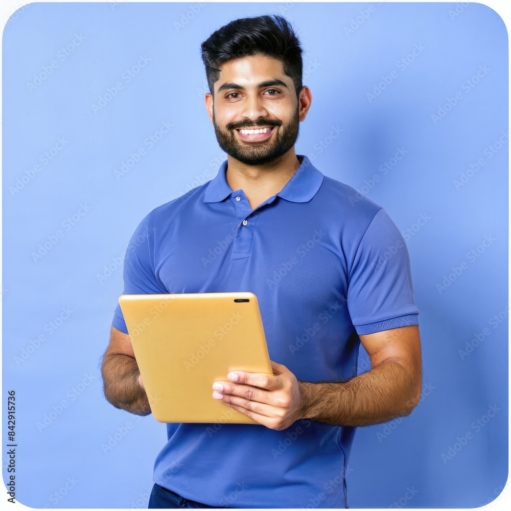 Digital Transformation Expert Holding Tablet In Front of Blue Background. Generative AI Digital Transformation Expert Holding Tablet In Front of Blue Background. Generative AI